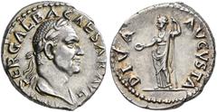 COINS OF THE ROMAN EMPIRE.   GALBA, AD 68-69. Denarius. AR 3.55 g. IMP - SER GALBA CAESAR AVG Laureate, draped bust r. Rev. DIVA - AVGVSTA Diva Livia, wearing long dress and coat, standing facing, hea