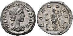COINS OF THE ROMAN EMPIRE.   AQUILIA SEVERA, 2nd wife of Elagabal, AD 220-222. Denarius. AR 3.74 g. IVLIA AQVILIA SEVERA AVG Draped bust r., hair waved and fastened in plait. Rev. CONCORDIA Concordia,