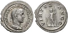 COINS OF THE ROMAN EMPIRE.   GORDIANUS II AFRICANUS, AD 238. Denarius. AR 2.60 g. IMP M ANT GORDIANVS AFR AVG Laureate, draped and cuirassed bust r., seen from rear, forehead bald. Rev. VIRTVS - AVGG 