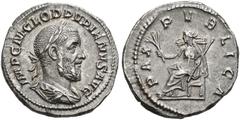 COINS OF THE ROMAN EMPIRE.   PUPIENUS, AD 238. Denarius. AR 3.22 g. IMP C M CLOD PVPIENVS AVG Laureate, draped and cuirassed bust r. Rev. PAX - PVBLICA Pax, wearing long dress and cloak, seated l. on 