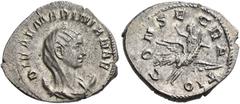 COINS OF THE ROMAN EMPIRE.   MARINIANA, wife of Valerianus I, died AD 254. Antoninianus, posthumous, 254. AR 4.39 g. DIVAE MARINIANAE On a crescent, veiled bust r. Rev. CONSECRATIO Diva Mariniana, wea