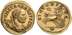 COINS OF THE ROMAN EMPIRE.   CARUS, AD 282-283. Aureus, Cyzicus. AV 4.54 g. IMP C M AVR CARVS PF AVG Laureate, draped and cuirassed bust r. Rev. VICTORIA - A-VG Victoria driving fast biga l., holding 
