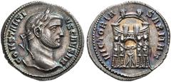 COINS OF THE ROMAN EMPIRE.   CONSTANTIUS I CHLORUS, caesar AD 93-305. Argenteus, Ticinum, about 294-295. AR 3.41 g. CONSTANTI - VS CAESAR Laureate head r. Rev. VICTORIA - SARMAT The four princes sacri