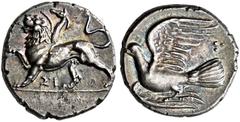GREEK COINS SICYONIA   SICYON. Triobol, about 320-280. AR 2.86 g. ΣI Chimaera moving l., r. paw raised, composed of a lion with a tail in form of a serpent, a goat's forepart emerging on his back; abo