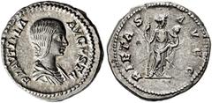 ROMAN COINS COINS OF THE ROMAN EMPIRE   PLAUTILLA, wife of Caracalla, died AD 212. Denarius, about 202-205. AR 3.34 g. PLAVTILLA - AVGVSTA Draped bust r., hair in a small bun at the back of the head. 
