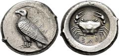 GREEK COINS SICILIA.   AKRAGAS. Didrachm, about 485-475. AR 8.58 g. AKRA Eagle standing l. Rev. CAΣ Crab in a round incuse. SNG ANS 949 (same dies); Westermark 69, 216.19 (this specimen). Short, thick