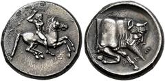 GREEK COINS SICILIA.   GELA. Didrachm, about 490-475. AR 8.38 g. Horseman, bearded and nude, on horse prancing r., holding reins with his l. hand, spear in his raised r. hand. Rev. CE-Λ-A Forepart of 