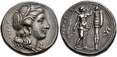GREEK COINS SICILIA.   SYRACUSE. Agathokles, king and tyrant 317-289 BC. Tetradrachm, about 310-305. AR 16.68 g. KOPAΣ Head of Kore-Persephone r., crowned with ear of corn, single drop earring and nec