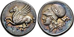 GREEK COINS CORINTHIA.   CORINTH. Stater, about 345-307. AR 8.52 g. Pegasus flying l. Rev. Head of Athena l., wearing laureate Corinthian helmet with large neck guard; below, A-P, in field r., chimaer