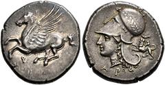 GREEK COINS CORINTHIA.   CORINTH. Stater, about 345-307. AR 8.61 g. Pegasus flying l. Rev. Head of Athena l., wearing laureate Corinthian helmet with large neck guard; below, A-P, in field r., chimaer