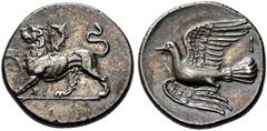 GREEK COINS SIKYONIA.   SICYON. Triobol, about 330-280. AR 2.87 g. Chimaera standing l., r. forepaw raised, composed of a body of a lion, forepart of a goat emerging on the back, serpent erect as tail