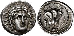 GREEK COINS ISLANDS OFF CARIA.   RHODOS. Didrachm, about 250-230. AR 6.53 g. Radiate, facing head of Helios, slightly turned r. Rev. P - O Open rose with bud on the r. side; in field l., facing statue