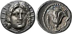 GREEK COINS ISLANDS OFF CARIA.   RHODOS. Didrachm, about 205-188. AR 6.52 g. Radiate, facing head of Helios, slightly turned r. Rev. POΔION Open rose with bud on the r. side; in field l., statue of Ap