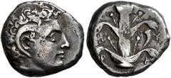 GREEK COINS CYRENAICA.   CYRENE. Didrachm, about 308-277. AR 7.74 g. Head of Apollo Karneios with ram's horn to r. Rev. K-Y/P-A Silphium plant; in r. field, cornucopiae. BMC 51, 228; SNG Cop. 1234. Da