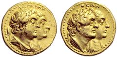 GRIECHISCHE MÜNZEN KÖNIGREICH DER PTOLEMAIER PTOLEMAIOS II. PHILADELPHOS, 285-246 1/2 Mnaeion (Tetradrachmon), Gold. ADELFWN Die Büsten n. r. des Ptolemaios II. drapiert mit Diadem und der Arsinoe mit