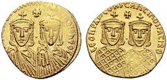 MÜNZEN VON OSTROM UND BYZANZ LEO IV., 775-780 Mit seinem Sohn Konstantin VI. Solidus, 778-780. LÎOnVS SÎGGOn COnSTAnTI - O nÎOS Die beiden Büsten von vorne in Chlamys und mit Krone, dazwischen Kreuz. 