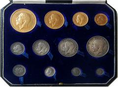 EUROPEAN COINS AND MEDALS GREAT BRITAIN UNITED KINGDOM George V, 1910-1936. Coronation Proof Set 1911, London. 5, 2 Pounds, Sovereign, ½ Sovereign, Halfcrown, Florin, Shilling, Sixpence, Maundy 4, 3, 