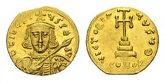 BYZANTINE COINS BYZANTINE EMPIRE Tiberius III., 698-705. Solidus 698, Constantinople. Crowned and cuirassed facing bust, holding spear and shield decorated with horseman motif // Cross potent set on t