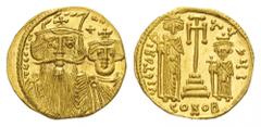 BYZANTINE EMPIRE diverse Constans II, 641-668 with Constantinus IV, Heraclius and Tiberius. Solidus ca. 662-667, Constantinople. 4.43 g. Facing busts of Constans II, bearded, and Constantinus IV of sm
