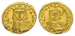 BYZANTINE EMPIRE diverse Leo III, AD 717-741 and Constantinus V. Solidus 725-732, Constantinople. 4.42 g. Crowned and draped bust of Leo facing, holding globus cruciger and akakia // Crowned and drape