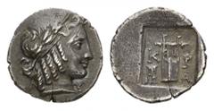 LYCIA LYCIAN LEAGUE. Kragos. Hemidrachm ca. 42 BC. 1.65 g. Laureate head of Apollo right // K-P, lyre; tripod to left, A right. RPC 3302; Troxell Period IV, series 2, 90. Almost extremely fine with ni