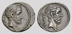 COINS OF THE ROMAN REPUBLIC Q. Servilius Caepio (M. Junius) Brutus, 54 BC. Denarius. Rome. 3.53 g. Bare head of L. Junius Brutus right // Bare head of C. Servilius Ahala right. Craw. 433/2. Obv. sligh