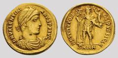 COINS OF THE ROMAN EMPIRE Valentinian I, 364-375. Solidus, Nicomedia. 4.39 g. Diademed, draped and cuirassed bust right // Valentinian, in military attire, standing facing, head right, holding labarum