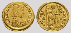 COINS OF THE ROMAN EMPIRE Valentinian III, 425-455. Solidus 430-445, Ravenna. 4.07 g. Rosette-diademed, draped, and cuirassed bust right // Valentinian standing facing, holding long cross and Victory 