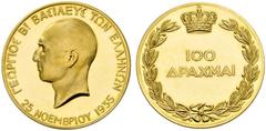 EUROPEAN COINS & MEDALS GRIECHENLAND George II., 2. Regierung, 1935-1947. 100 Drachmai 1935, Birmingham. Geprägt anlässlich des 5. Jahrestages seiner Rückkehr aus dem Exil nach Athen am 25. November 1