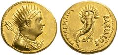 GRIECHISCHE MÜNZEN DIE PTOLEMÄER IN AEGYPTEN PTOLEMAIOS IV. PHILOPATOR, 221-204 Mnaeion (Oktodrachmon), Gold. Pantheistische Büste des vergöttlichten Ptolemaios III. n.r. mit Strahlenkrone (Helios), A