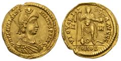 COINS OF THE ROMAN EMPIRE Valentinian III, 425-455. Solidus. Rome. 4.47 g. D N PLA VALENTINIANVS P F AVG. Diademed, draped and cuirassed bust right // VICTORIA AVGGG / R - M / CONOB. Emperor standing 