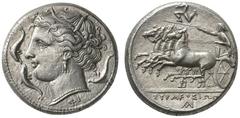 CLASSICAL COINS SICILY SYRACUSE Agathocles , king 317-289 BC. Tetradrachm, about 310-305 BC. AR 17.13 g. Head of Arethusa l., crowned with reed, wearing triple-pendant earring and necklace; in front, 