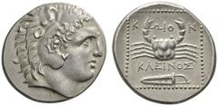 CLASSICAL COINS ISLANDS OFF CARIA COS Tetradrachm, about 285-258 BC. AR 15.18 g. Unbearded head of Heracles r., wearing lion skin. Rev. K - WIO - N Crab, below KLEINOS and bow in bow-case; whole withi