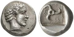 CLASSICAL COINS LYCIAN DYNASTS VEKHSERE I, about 460-440 BC. Stater. AR 8.58 g. Laureate head of Apollo r. Rev. Triskelis and Lycian legend WeKHSS; around, dotted square; whole within deep incuse squa