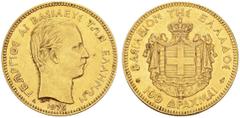 EUROPEAN COINS & MEDALS GRIECHENLAND Georg I., 1863-1913. 100 Drachmai 1876 A, Paris. Kopf des Königs mit Schnurrbart nach rechts // Das griechische Wappen auf gekröntem Wappenmantel. Divo 44; Fr. 13;
