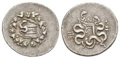 MYSIA PERGAMUM. Cistophor, 104-98 BC. 12.60 g. Cista mystica with half-open lid, from which serpent emerges; wreath composed of ivy and berries around // Bow in an ornamented bow-case (gorytos) betwee