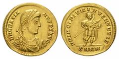 COINS OF THE ROMAN EMPIRE Gratianus, 367-383. Solidus. Nikomedia. 4.49 g. D N GRATIANVS P F AVG. Pearl-diademed, draped and cuirassed bust right // PRINCIP IVVENTVTIS Gratian, nimbate and in military 