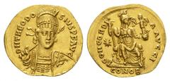 BYZANTINE EMPIRE Theodosius II, 402-450. Solidus 408-419, Constantinople. 4.44 g. D N THEODOSIVS P F AVG. Diademed, helmeted and cuirassed bust facing slightly right, holding spear and shield decorate