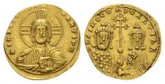 BYZANTINE EMPIRE Basilius II., 976-1025 und Constantinus VIII. Histamenon. 4.38 g. Bust of Christ with cross nimbus (3 dots on branch) facing, right hand in sling of cloak and holding book of Gospels 