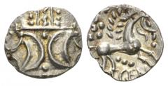 BRITANNIA ICENI. Unit. 1.24 g. Stepping Horse type. Two opposed crescnets with pellets between, superimposed on band of three lines surrounded by two lines of pellets // Horse right; daisy above, ECEN