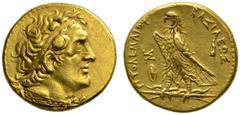 CLASSICAL COINS PTOLEMAIC KINGDOM OF EGYPT PTOLEMY II PHILADELPHUS, king 285-246 BC. Pentadrachm, gold, about 274-272 BC. AV 17.78 g. Diademed bust of Ptolemy I Soter r., wearing aegis around neck. Re