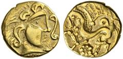 CELTIC COINS GALLIA PARISII Stater, gold, class II, about 100-50 BC. AV 7.11 g. Head with flowing locks r., in front, large double volute, below, pine cone (or club ?); below truncation, vertical line