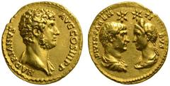 ROMAN COINS ROMAN EMPIRE HADRIAN, 117-138. Aureus with his adoptive parents Trajan and Plotina, 134-138. AV 7.22 g. HADRIANVS - AVG COS III PP Bare bust r., drapery on l. shoulder. Rev. Draped, bare b
