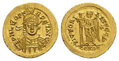 BYZANTINE EMPIRE Leo I, 457-474. Solidus, Constantinople. 4.48 g. Pearl-diademed, helmeted, and cuirassed bust facing slightly right, holding spear over shoulder and shield decorated with soldier on h