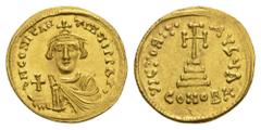 BYZANTINE EMPIRE Constans II, 641-668. Solidus, Constantinople. 4.43 g. Beardless facing bust, wearing crown and chlamys, holding globus cruciger // Cross potent on three steps. Sear 941B. GOLD. Extre