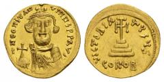 BYZANTINE EMPIRE Constans II, 641-668. Solidus, Constantinople. 4.48 g. Crowned and draped facing bust, holding globus cruciger // Cross potent set upon three steps. Sear 947. GOLD. Extremely fine