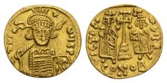 BYZANTINE EMPIRE Constantinus IV, 668-685 with Heraclius and Tiberius. Solidus ca. 674-681, Constantinople. 4.35 g. Beardless bust facing three-quarters right, wearing helmet and cuirass and holding s