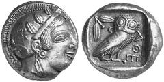 GRIECHISCHE MüNZEN ATTICA No: 48 Schätzpreis/Estimate CHF 3000.- d=23 mm ATHEN. Tetradrachme ca. 470/467 v. Chr. Kopf der Athena mit attischen Helm rechts, auf dem Helmkessel drei Olivenblätter und Ra