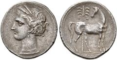 CLASSICAL COINS ZEUGITANIA. CARTHAGE. Shekel, silver / billon, about 250-200 BC. AR/Bil. 7.25 g. Head of Tanit l., crowned with ears of corn, wearing singel-pendant earring and necklace. Rev. Horse st