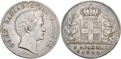 EUROPEAN COINS & MEDALS GREECE. Otto I, 1832-1862. 5 Drachmai 1844, Athen. Dav. 115; Divo 10d. 21,82 g. Rare. Min. edge knock, otherwise almost very fine
